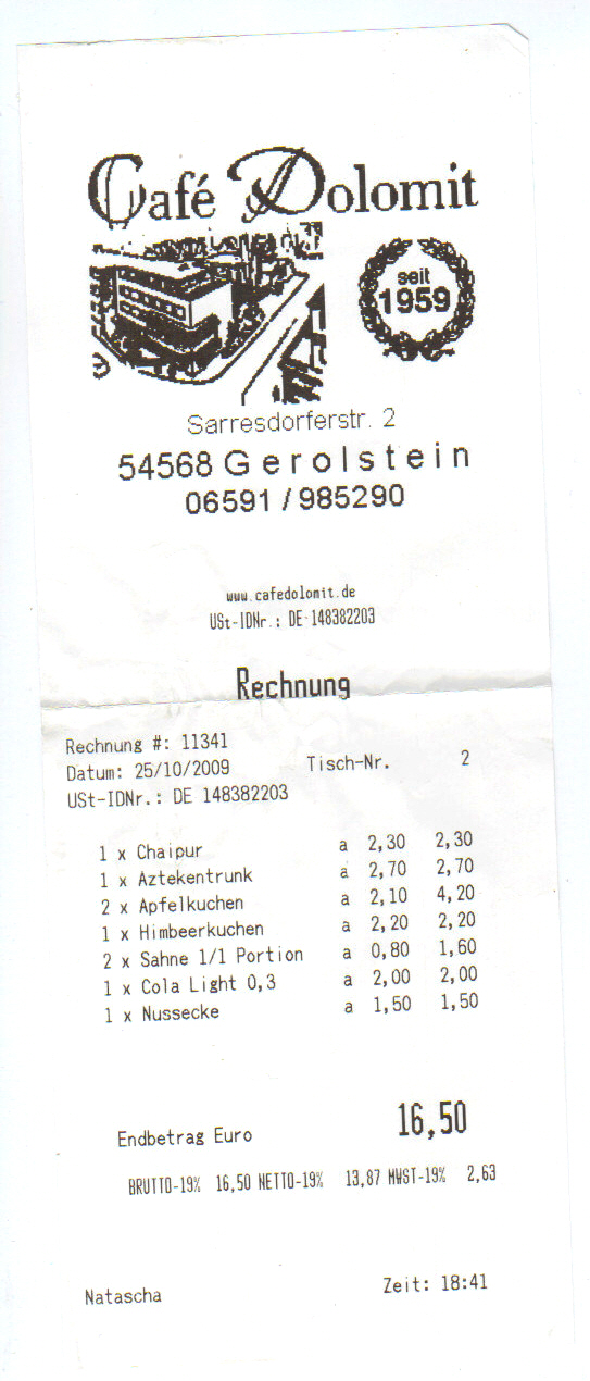 Quittung Caf Dolomit Gerolstein 25.10.2009